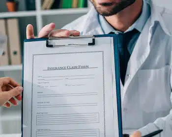 image of doctor showing insurance claim form to patient in clinic